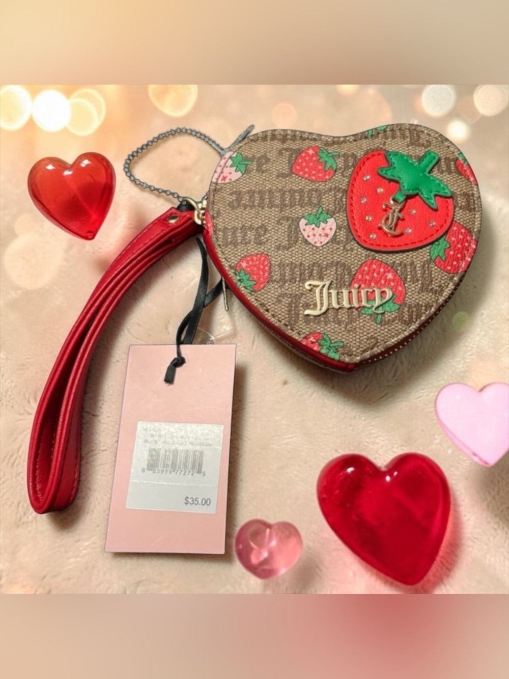 Juicy Couture NWT Pink Heart Zip-Around Wristlet w Red Strap